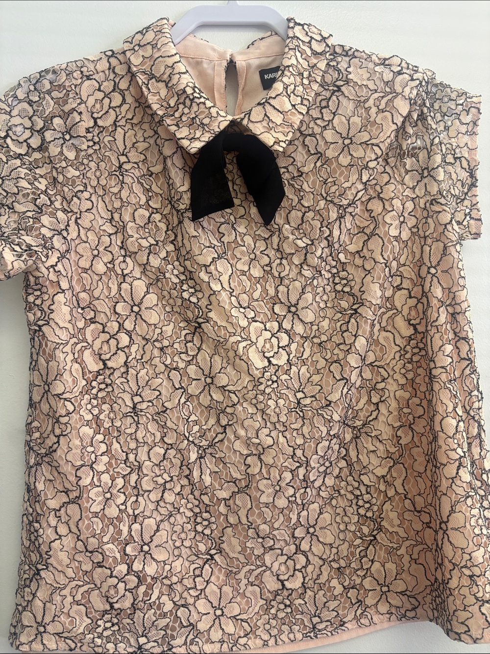 Karl Lagerfeld Blush Pink Lace Floral Top with Black Bow